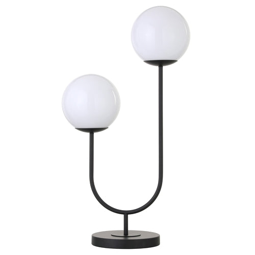 28" Black Metal Two Light Novelty Globe Table Lamp With White Globe