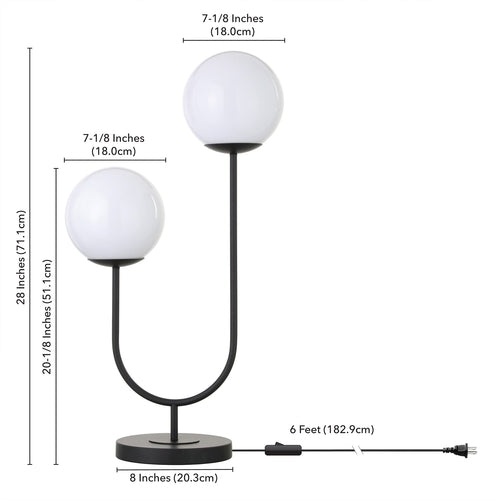 28" Black Metal Two Light Novelty Globe Table Lamp With White Globe