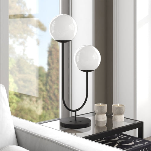 28" Black Metal Two Light Novelty Globe Table Lamp With White Globe