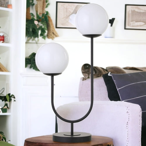 28" Black Metal Two Light Novelty Globe Table Lamp With White Globe