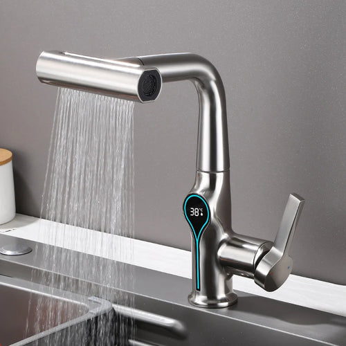 Waterfall Temperature Digital Display Basin Faucet Lift Up Down Stream