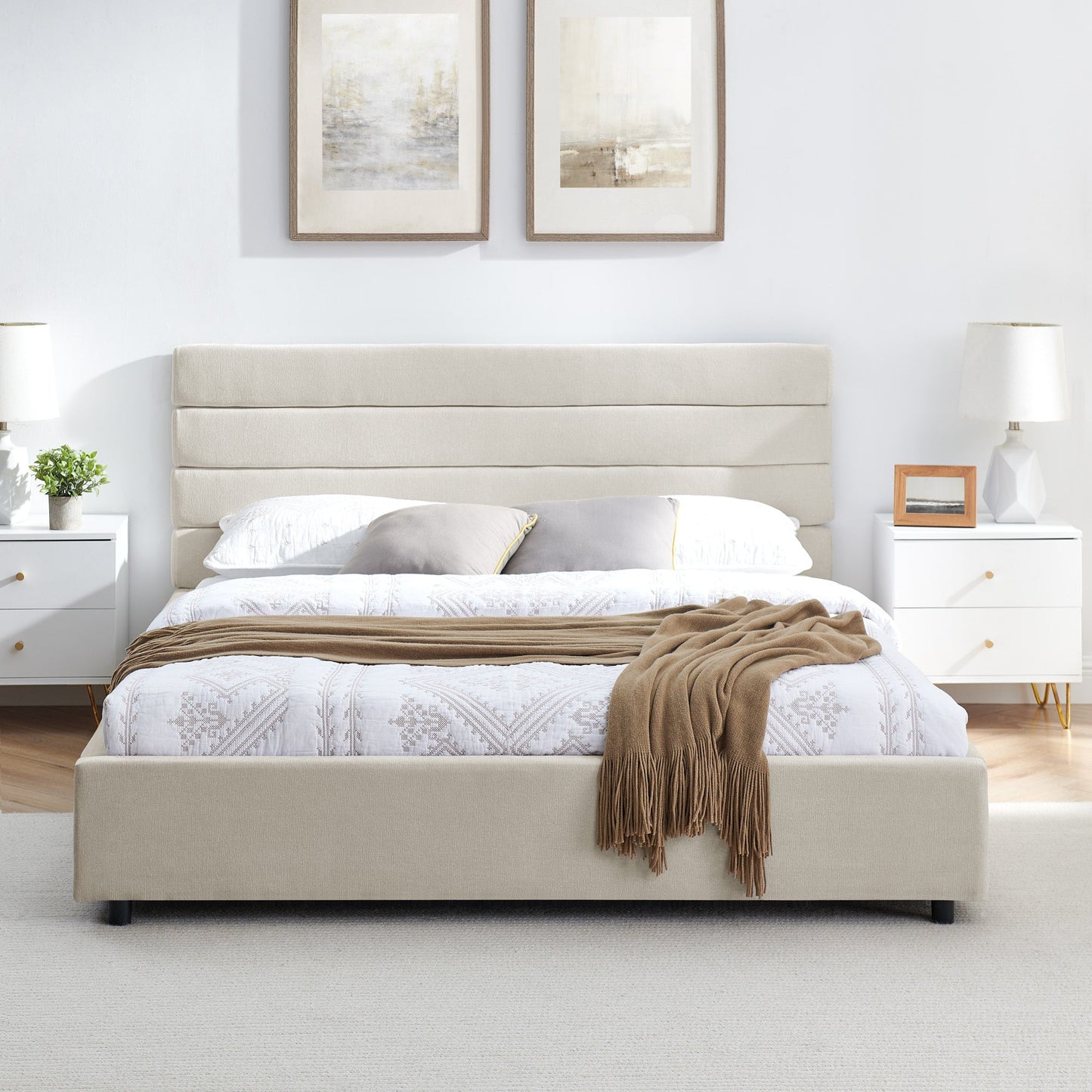 Modern Queen Size Cushioned Bed Frame with Headboard and Storage
