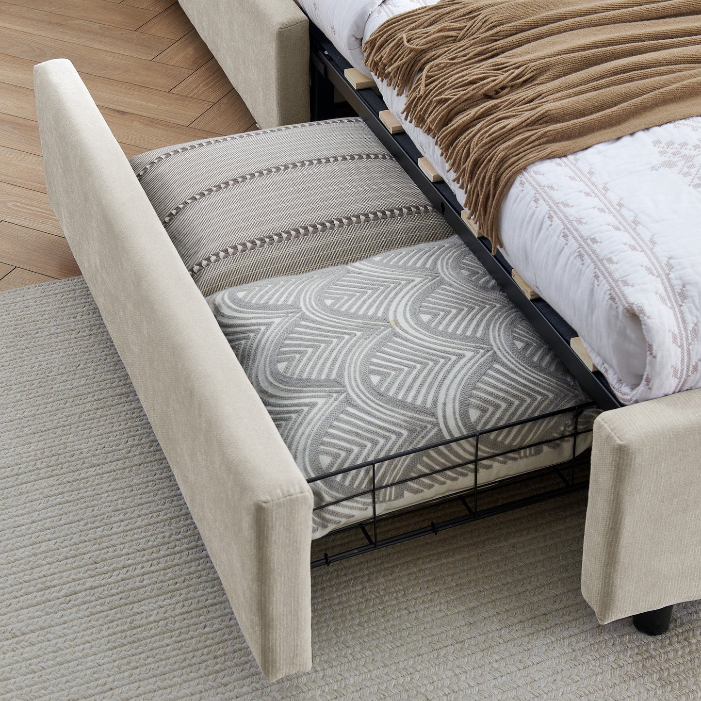 Modern Queen Size Cushioned Bed Frame with Headboard and Storage