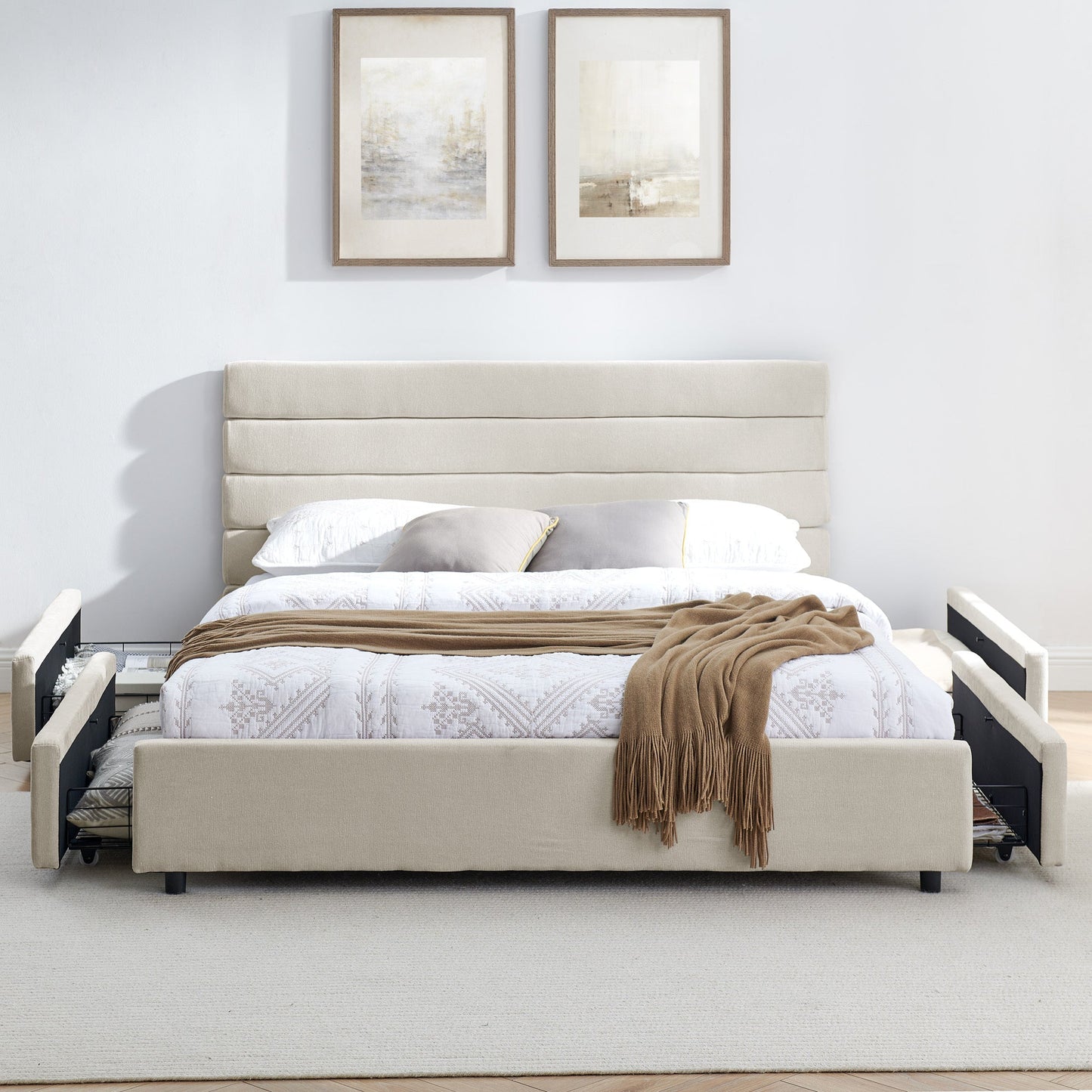 Modern Queen Size Cushioned Bed Frame with Headboard and Storage