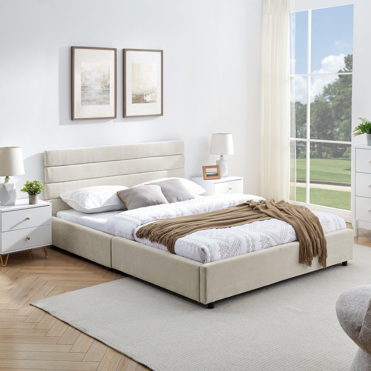Modern Queen Size Cushioned Bed Frame with Headboard and Storage