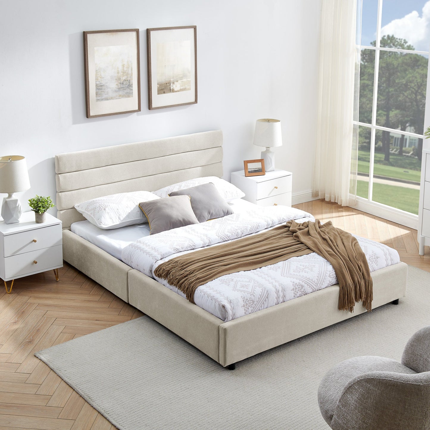 Modern Queen Size Cushioned Bed Frame with Headboard and Storage