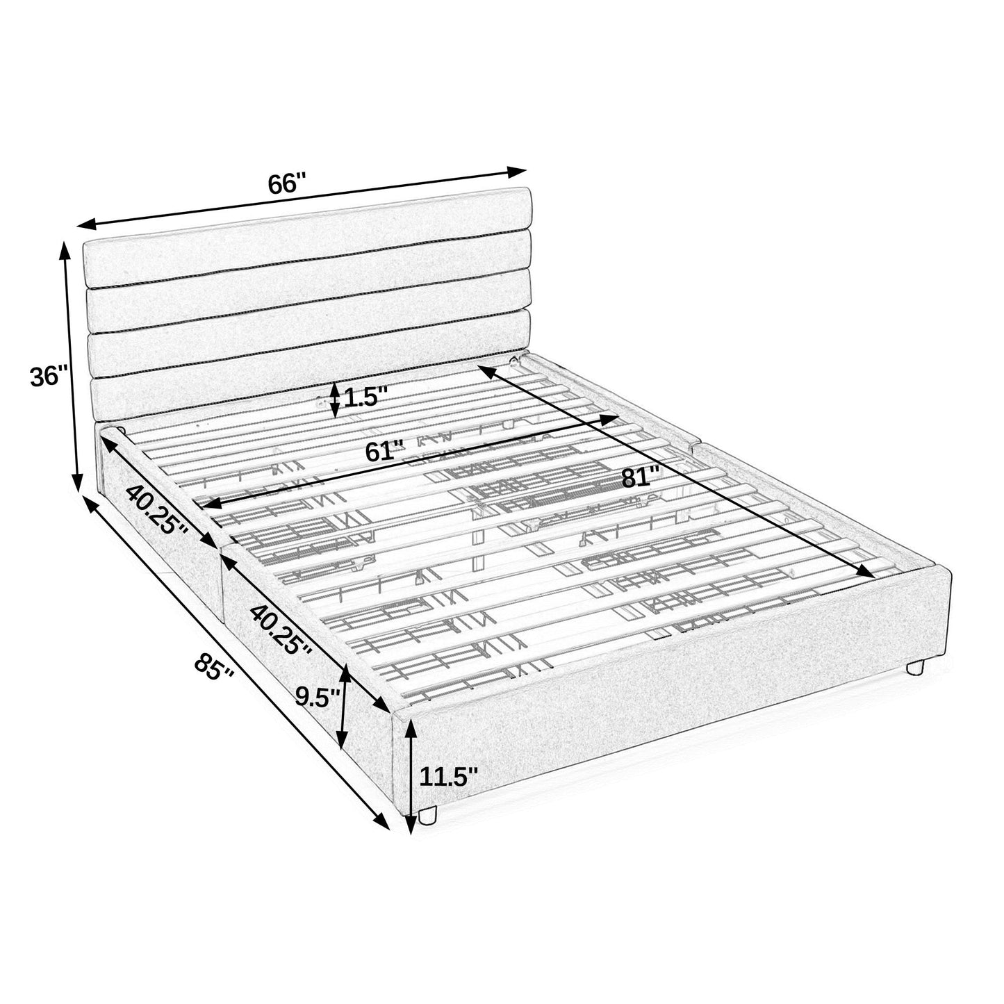 Modern Queen Size Cushioned Bed Frame with Headboard and Storage