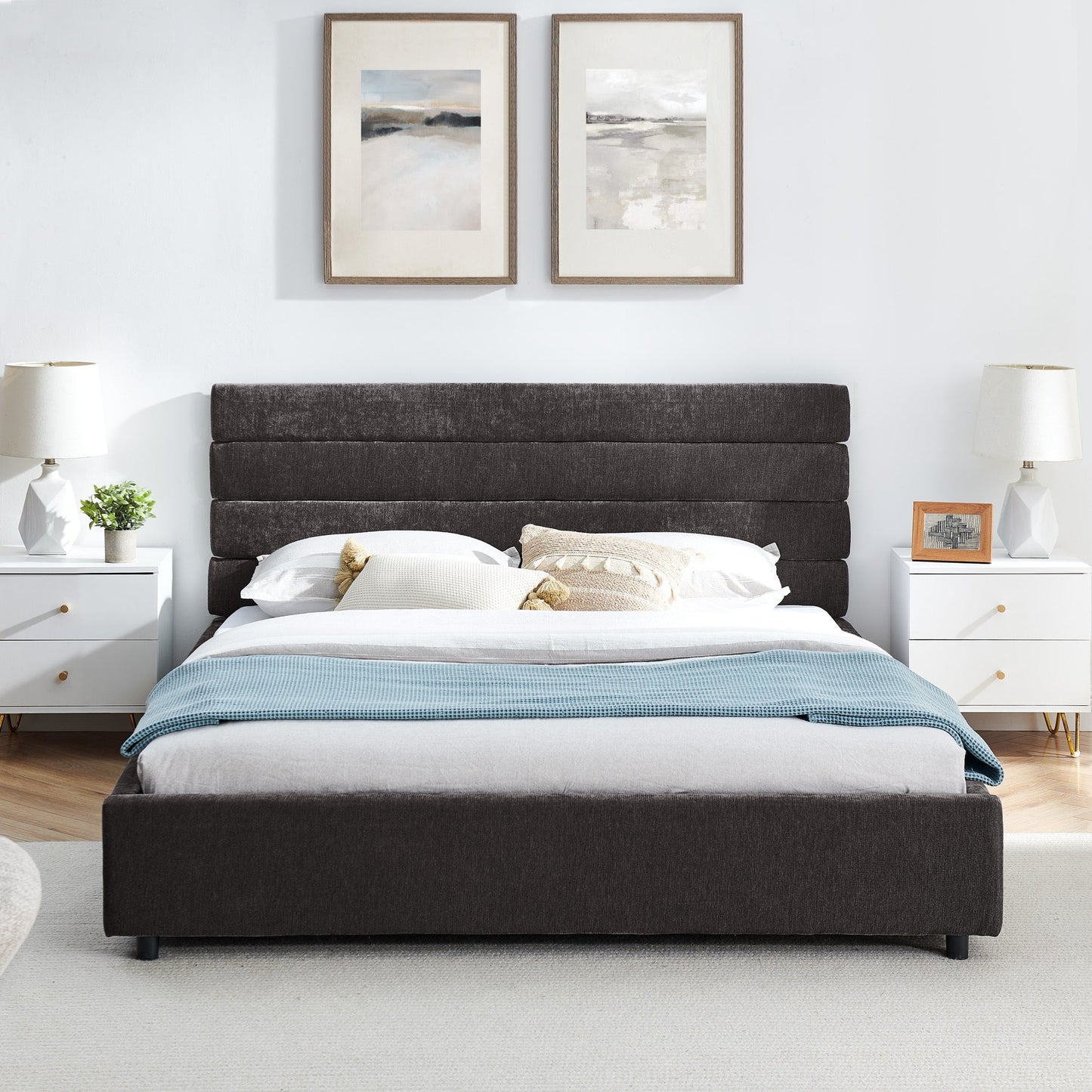 Queen size cushioned bed, comfortable cushioned bed frame, headboard