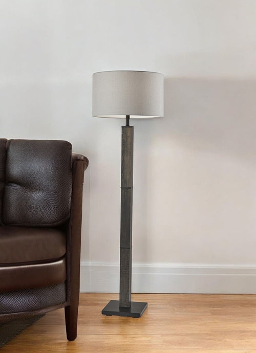 62" Black Wood And Metal Floor Lamp With Light Gray Fabric Drum Shade