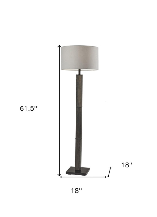 62" Black Wood And Metal Floor Lamp With Light Gray Fabric Drum Shade
