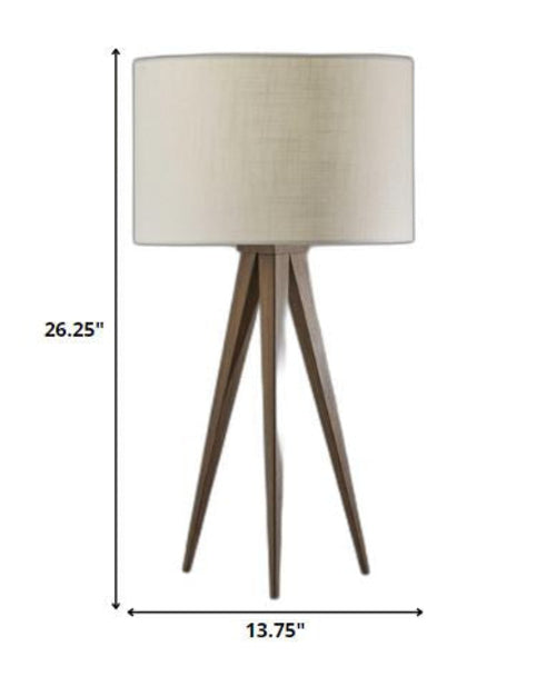 26" Brown And White Tripod Floor Lamp With Brown Linen Drum Shade
