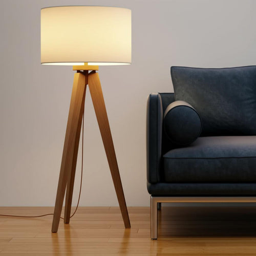 26" Brown And White Tripod Floor Lamp With Brown Linen Drum Shade