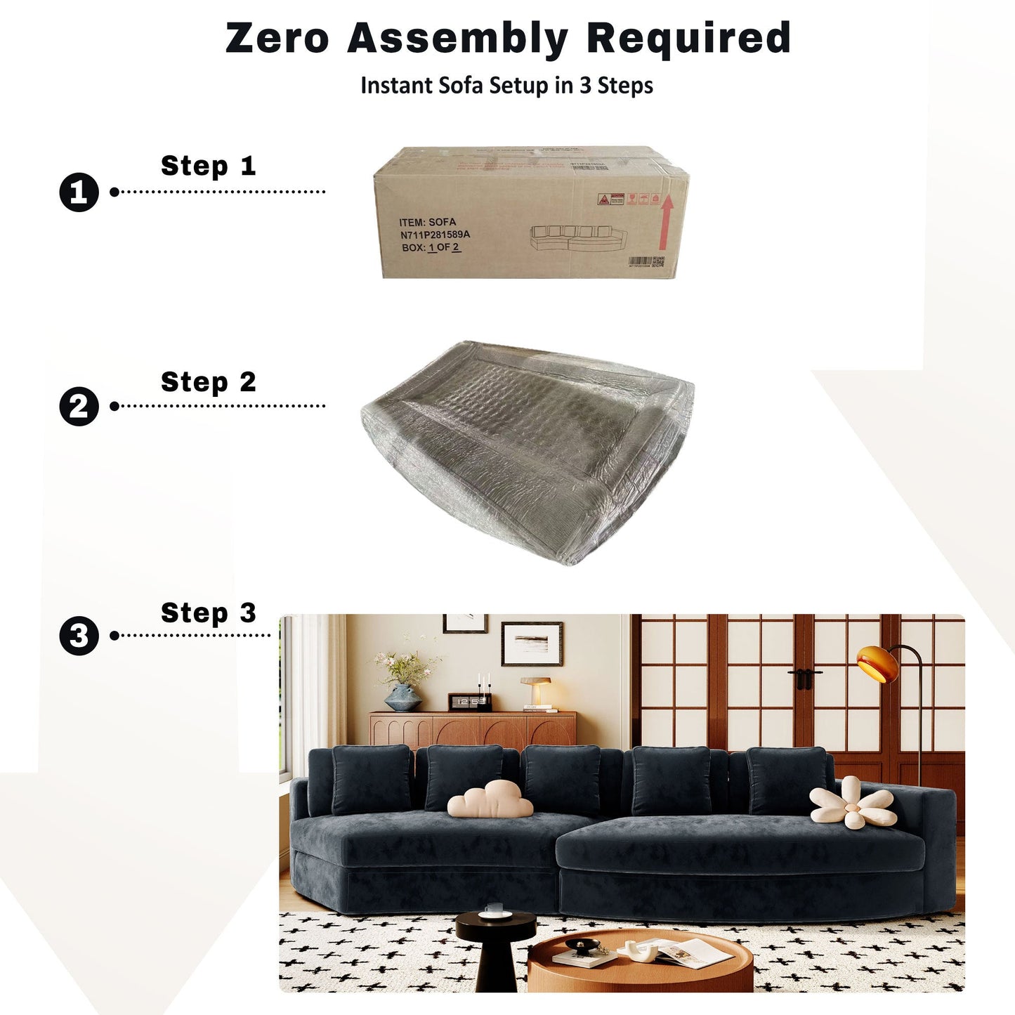 115.7' Pure Foam Modular Sofa, 2-Piece Set with 5 Cushions, 4-Seater,