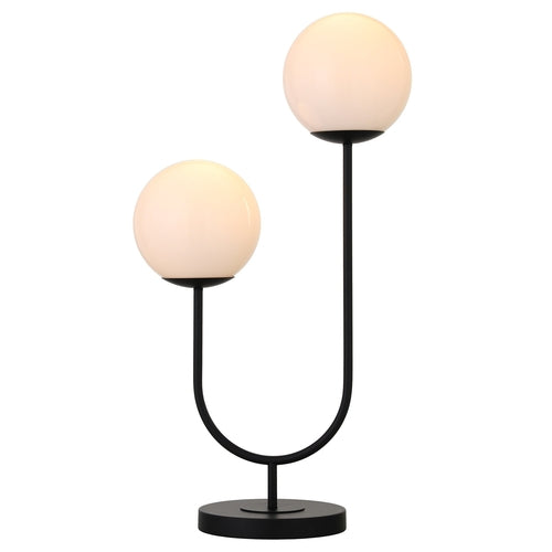 28" Black Metal Two Light Novelty Globe Table Lamp With White Globe