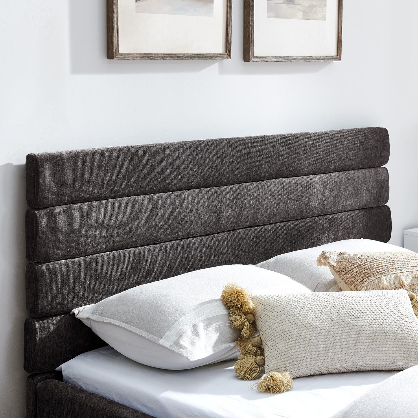 Queen size cushioned bed, comfortable cushioned bed frame, headboard