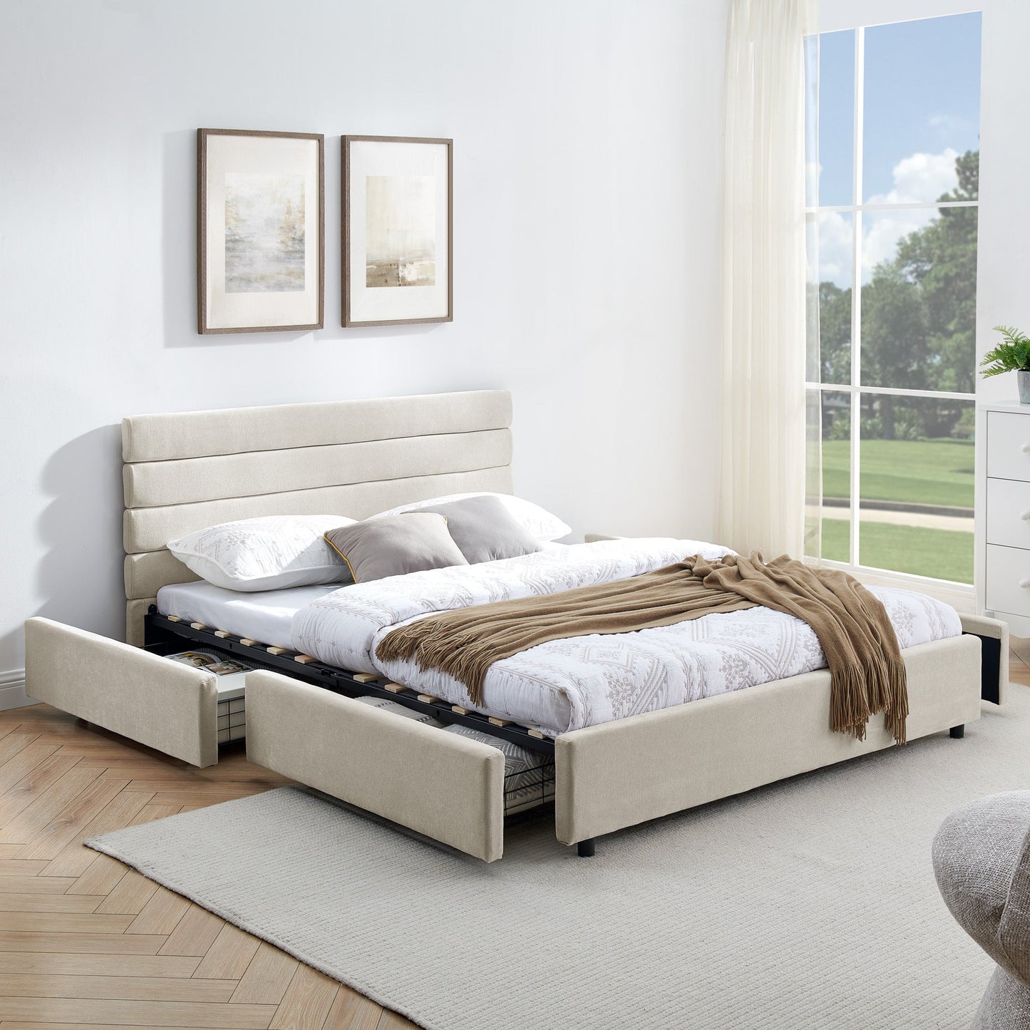 Modern Queen Size Cushioned Bed Frame with Headboard and Storage