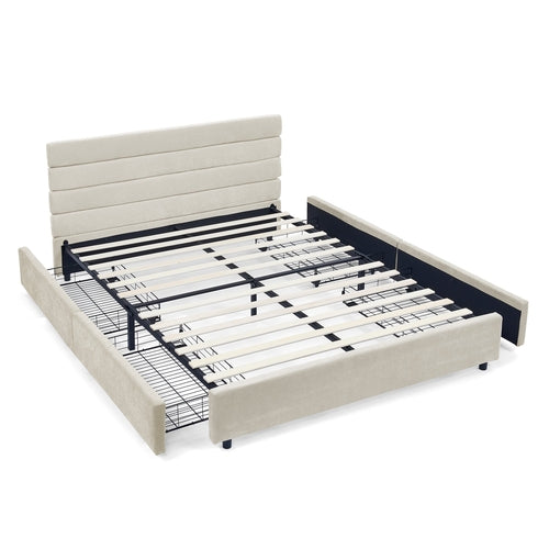 Modern Queen Size Cushioned Bed Frame with Headboard and Storage