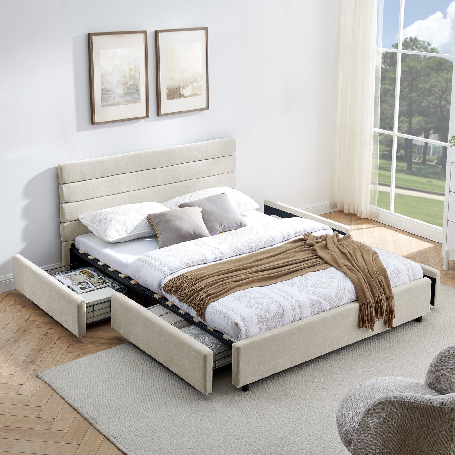 Modern Queen Size Cushioned Bed Frame with Headboard and Storage