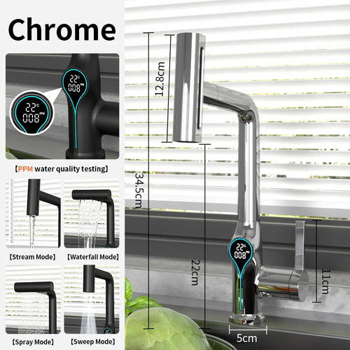 Waterfall Temperature Digital Display Basin Faucet Lift Up Down Stream