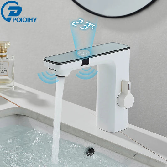 White Smart Sensor Basin Faucet Screen Digital Display Hot Cold Water