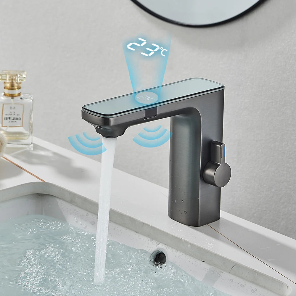 White Smart Sensor Basin Faucet Screen Digital Display Hot Cold Water