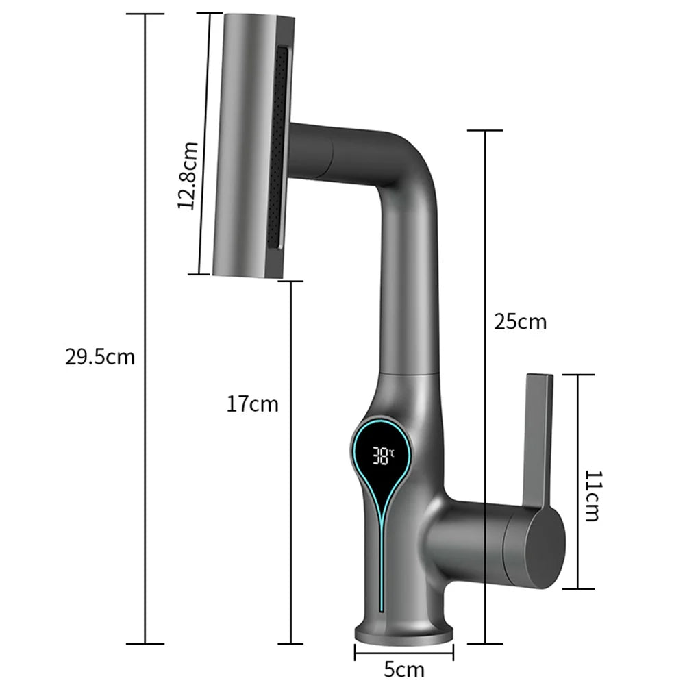 Waterfall Temperature Digital Display Basin Faucet Lift Up Down Stream