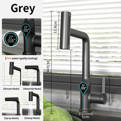 Waterfall Temperature Digital Display Basin Faucet Lift Up Down Stream