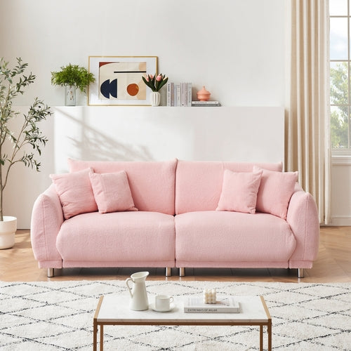 86.6 inch teddy fleece pink sofa with four throw pillows and hardware