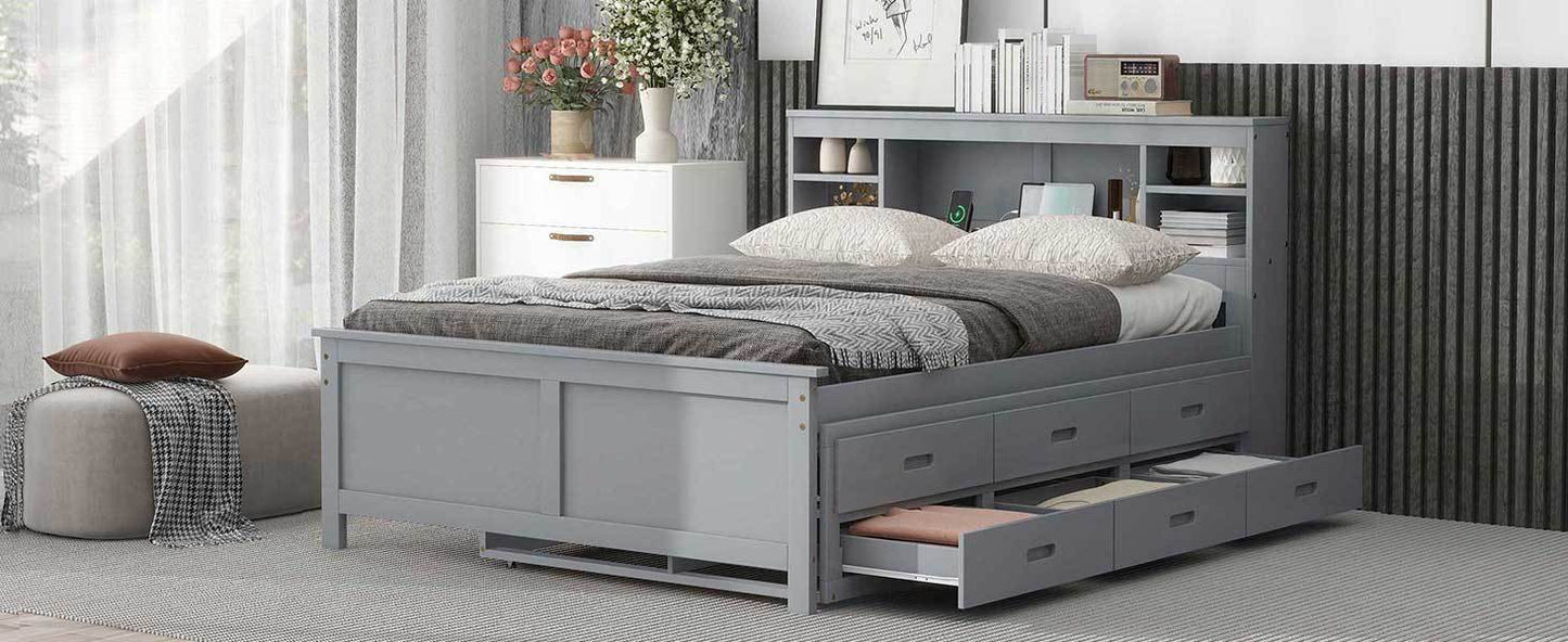 Full Size Platform Bed with Storage Headboard, USB, Twin Size Trundle