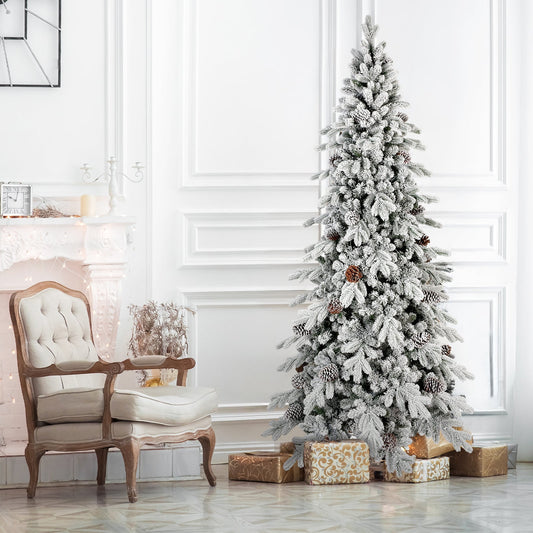 7.5 FT Flocked PE/PVC Christmas Tree with 40 Natural Pine Cones – 1424