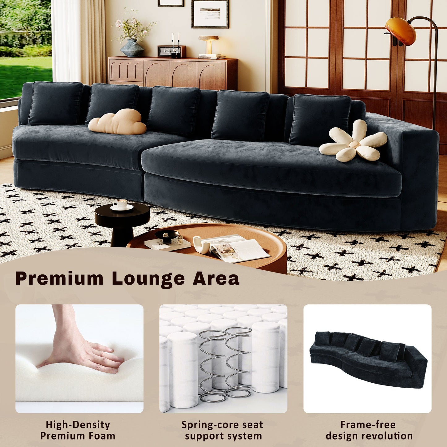 115.7' Pure Foam Modular Sofa, 2-Piece Set with 5 Cushions, 4-Seater,