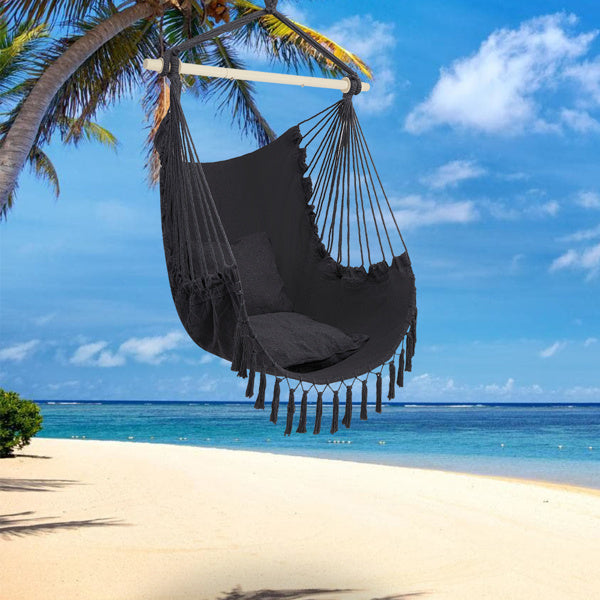 LuneluX – Boho Hanging Chair with Fringe & Cushions (Gray)