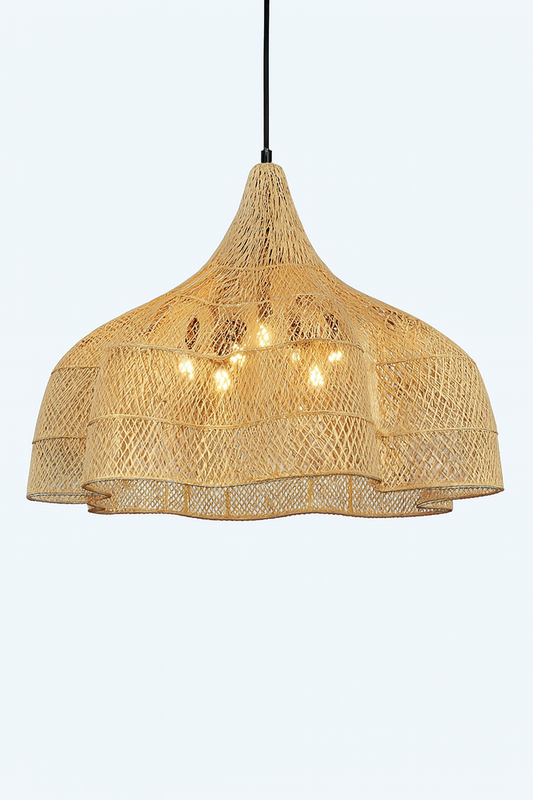 Handcrafted Layered Rattan Pendant Light – Flared Dome Woven Ceiling
