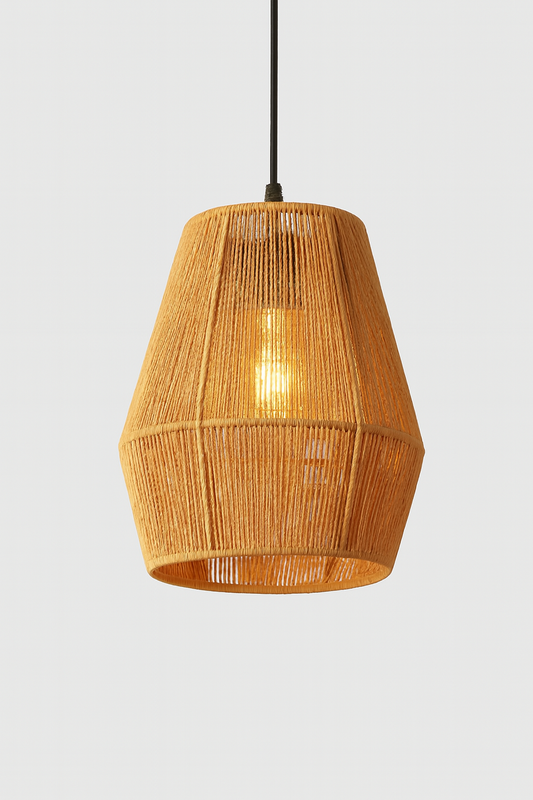 Woven Pendant Light – Natural Fiber Hanging Lamp with Geometric Shade
