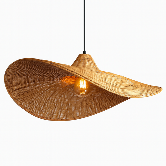 Asymmetrical Woven Rattan Pendant Light – Handcrafted Wide-Brim Hat